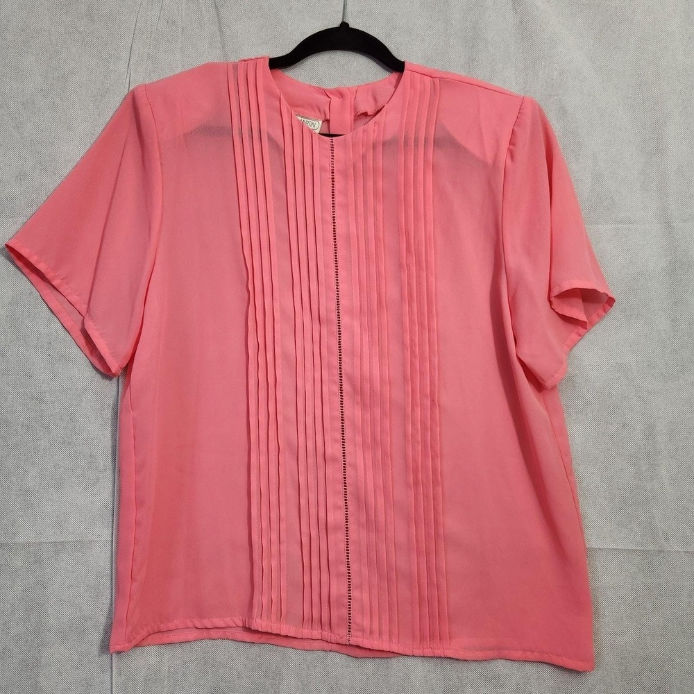 80's Vintage Neil Martin Blouse Semi Sheer Pleated Pink Coral Blouse Size 16